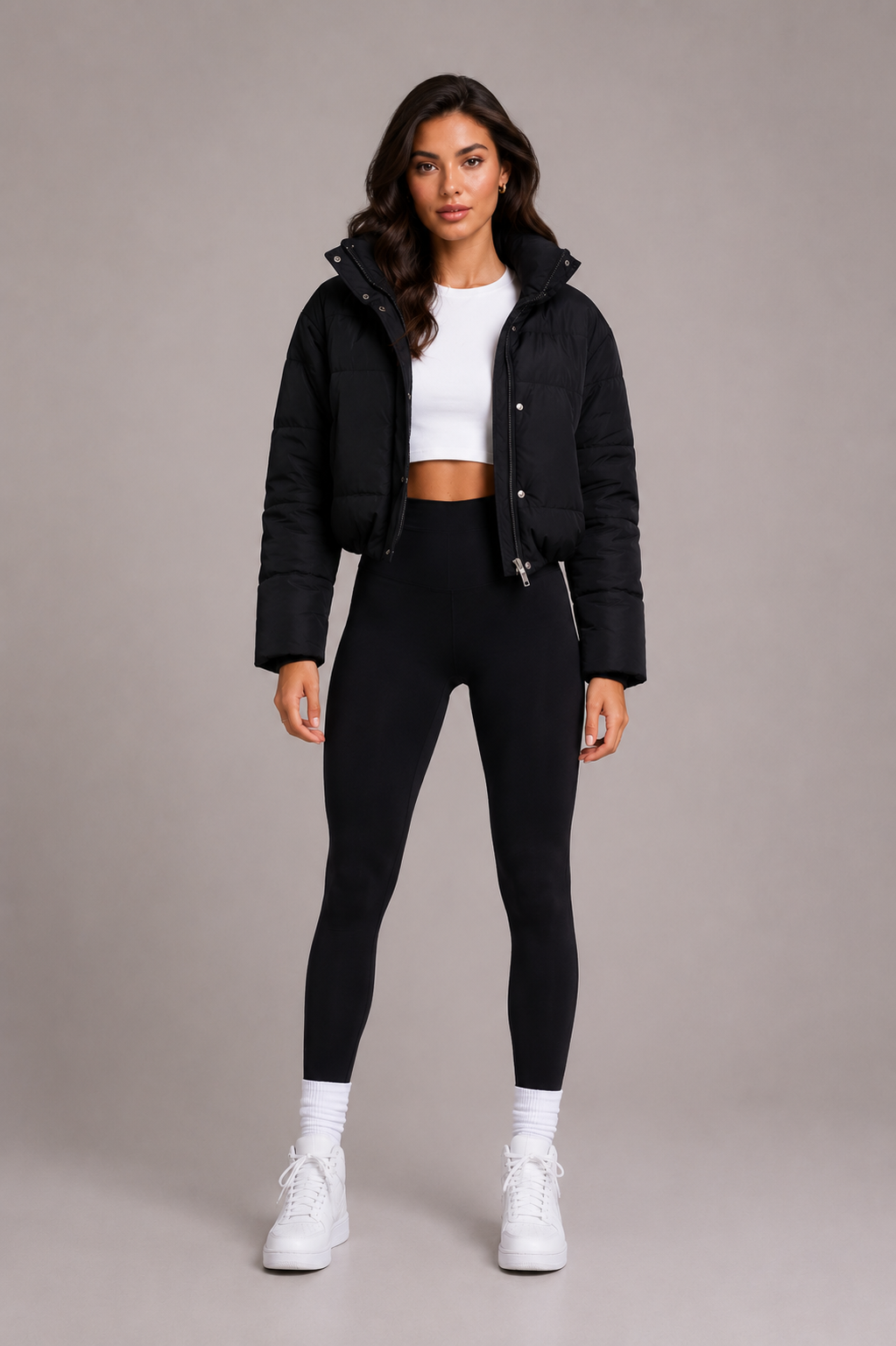 Women's Black Quilted Hooded Cropped Bomber Jacket