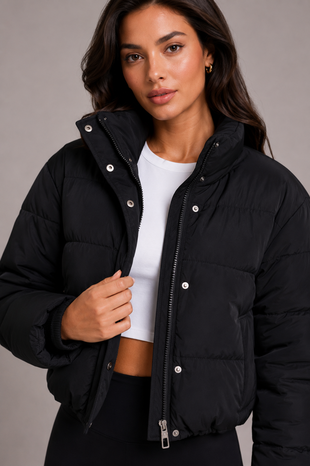 Women's Black Quilted Hooded Cropped Bomber Jacket