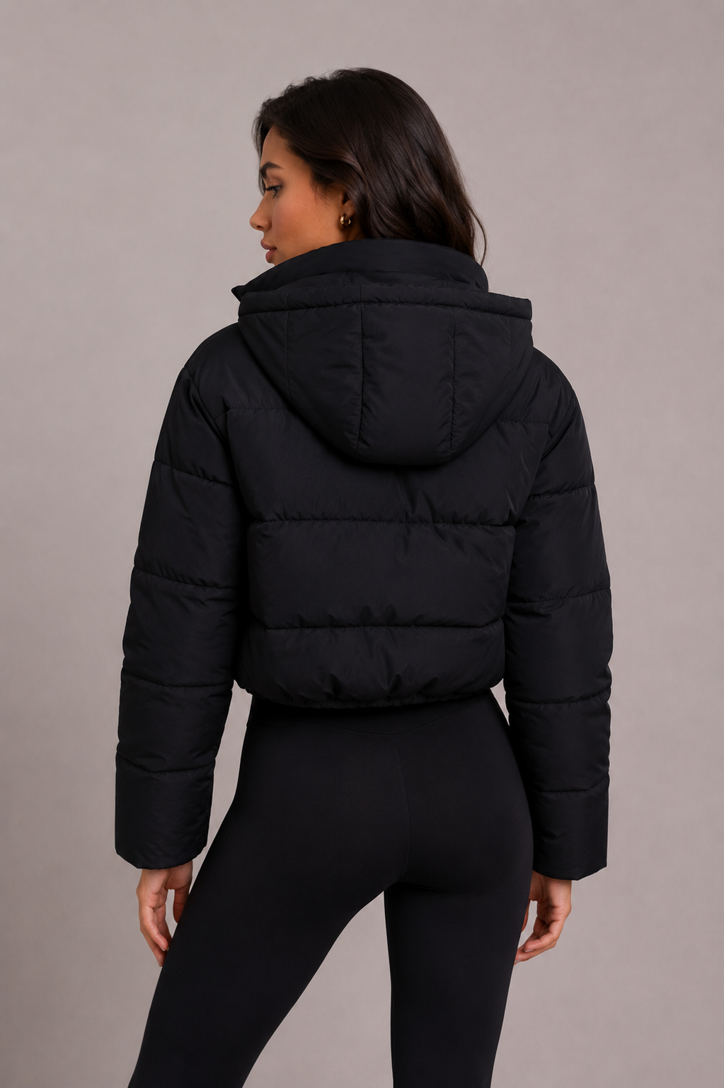 Women's Black Quilted Hooded Cropped Bomber Jacket