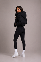 Women's Black Quilted Hooded Cropped Bomber Jacket