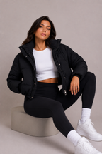 Women's Black Quilted Hooded Cropped Bomber Jacket