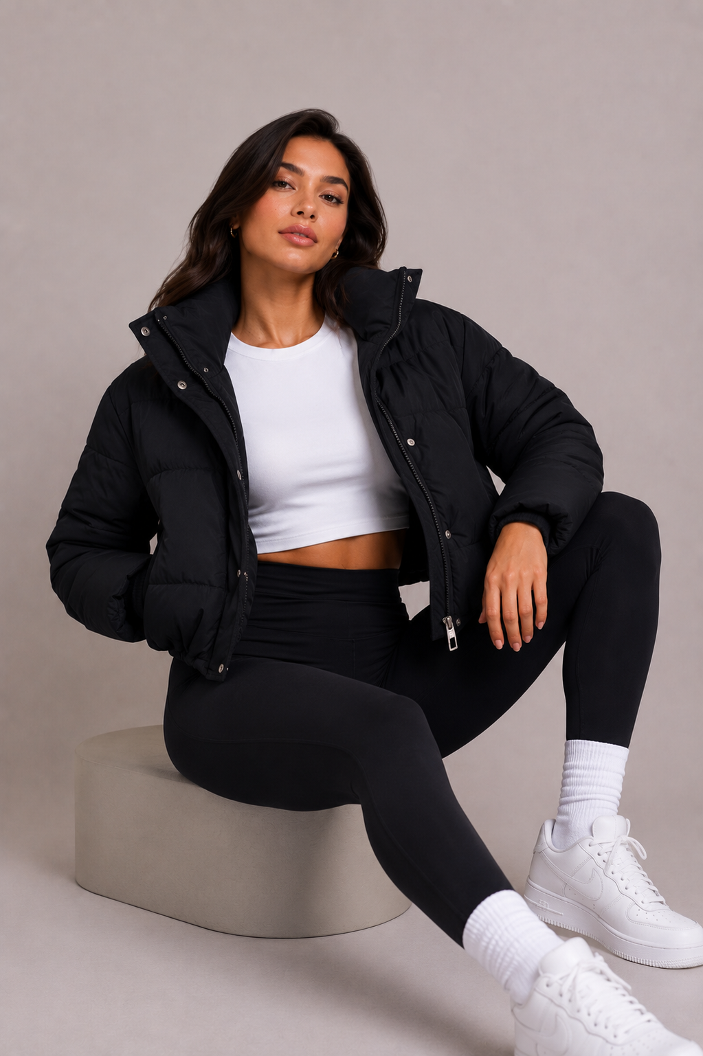 Women's Black Quilted Hooded Cropped Bomber Jacket