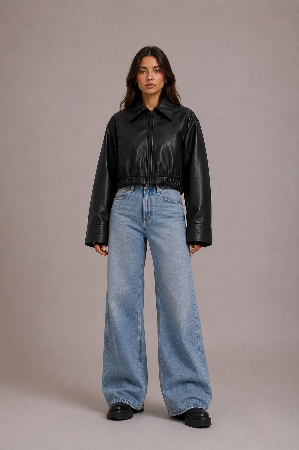 Women's Black Faux Leather Oversized Cropped Bomber Jacket
