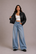 Women's Black Faux Leather Oversized Cropped Bomber Jacket