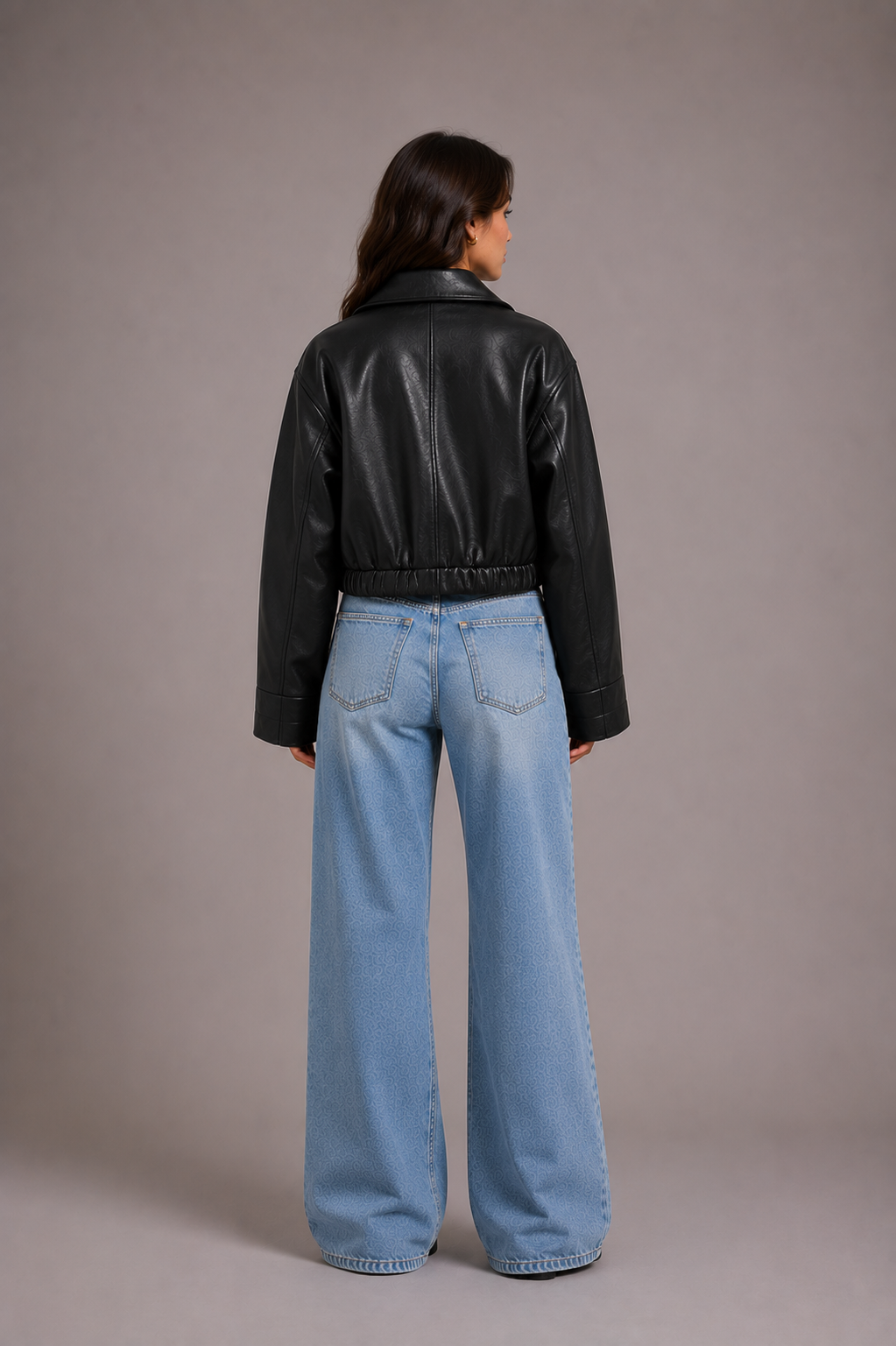 Women's Black Faux Leather Oversized Cropped Bomber Jacket
