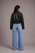 Women's Black Faux Leather Oversized Cropped Bomber Jacket