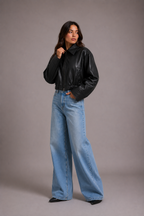 Women's Black Faux Leather Oversized Cropped Bomber Jacket