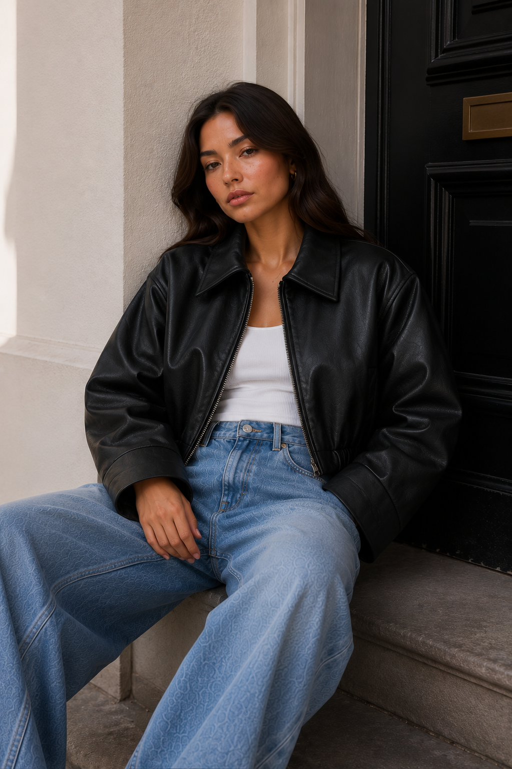 Women's Black Faux Leather Oversized Cropped Bomber Jacket