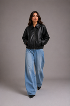 Women's Black Faux Leather Oversized Cropped Bomber Jacket