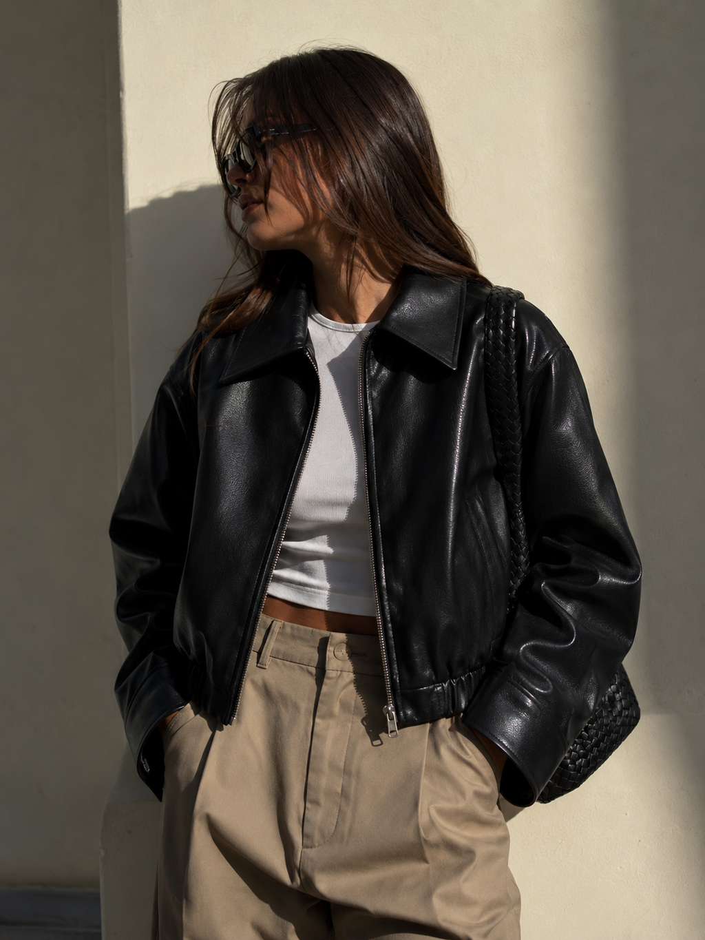 Women's Black Faux Leather Oversized Cropped Bomber Jacket