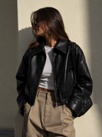 Women's Black Faux Leather Oversized Cropped Bomber Jacket