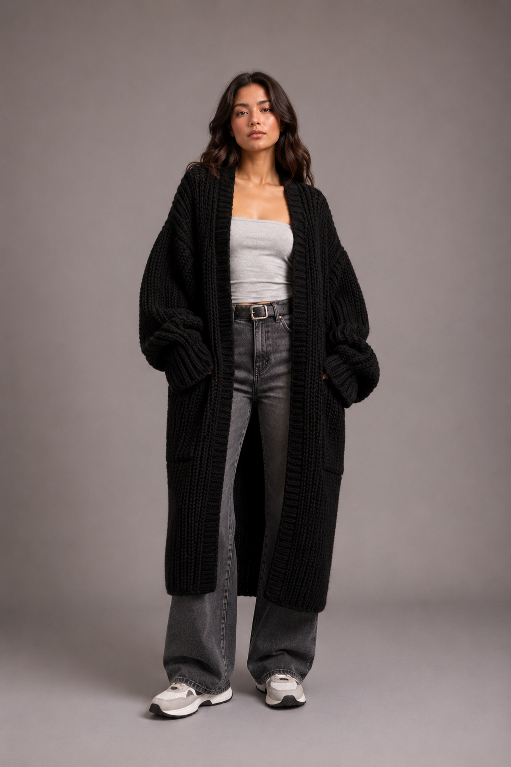 Women's Black Oversized Chunky Knit Longline Cardigan