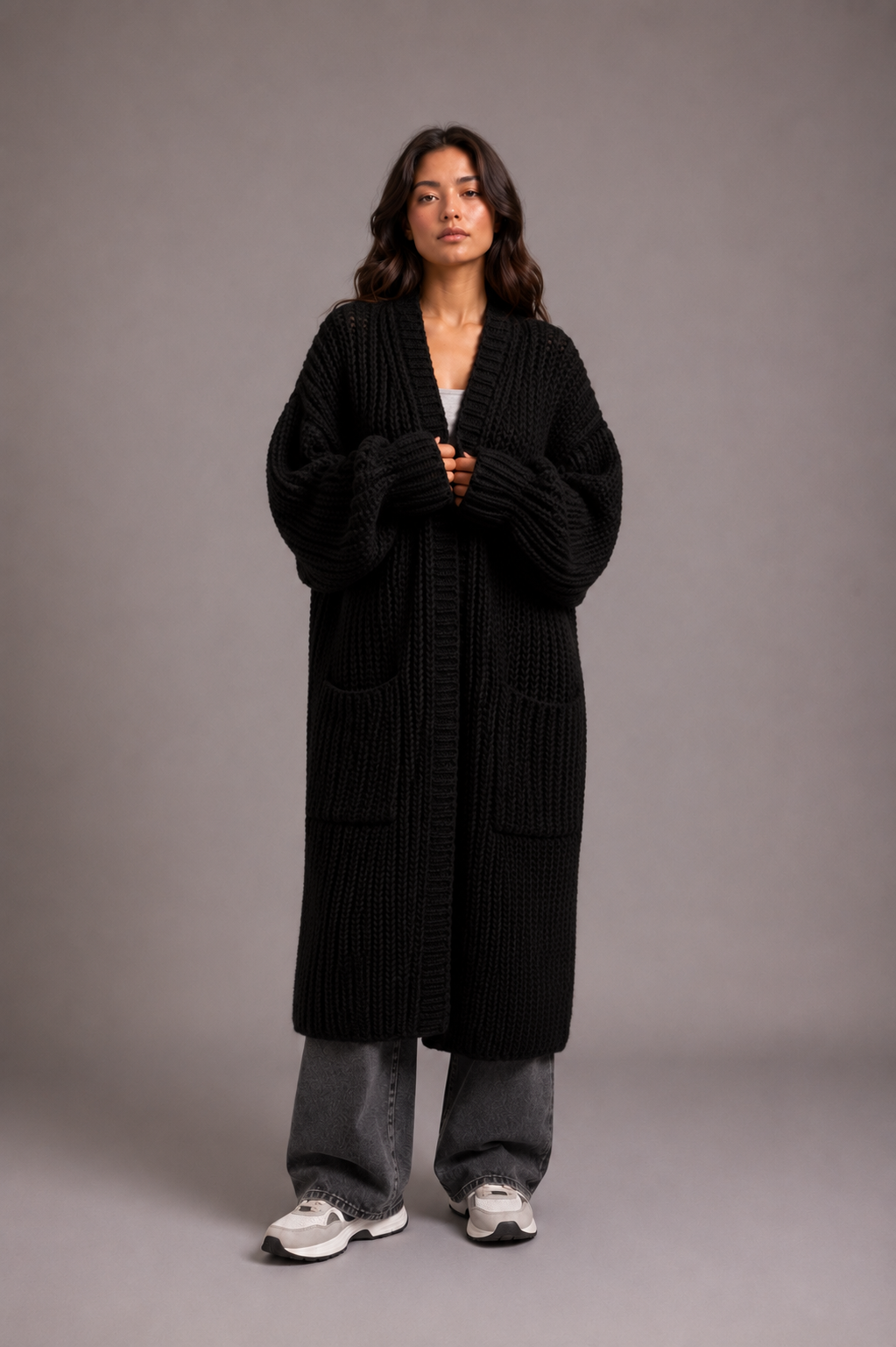 Women's Black Oversized Chunky Knit Longline Cardigan