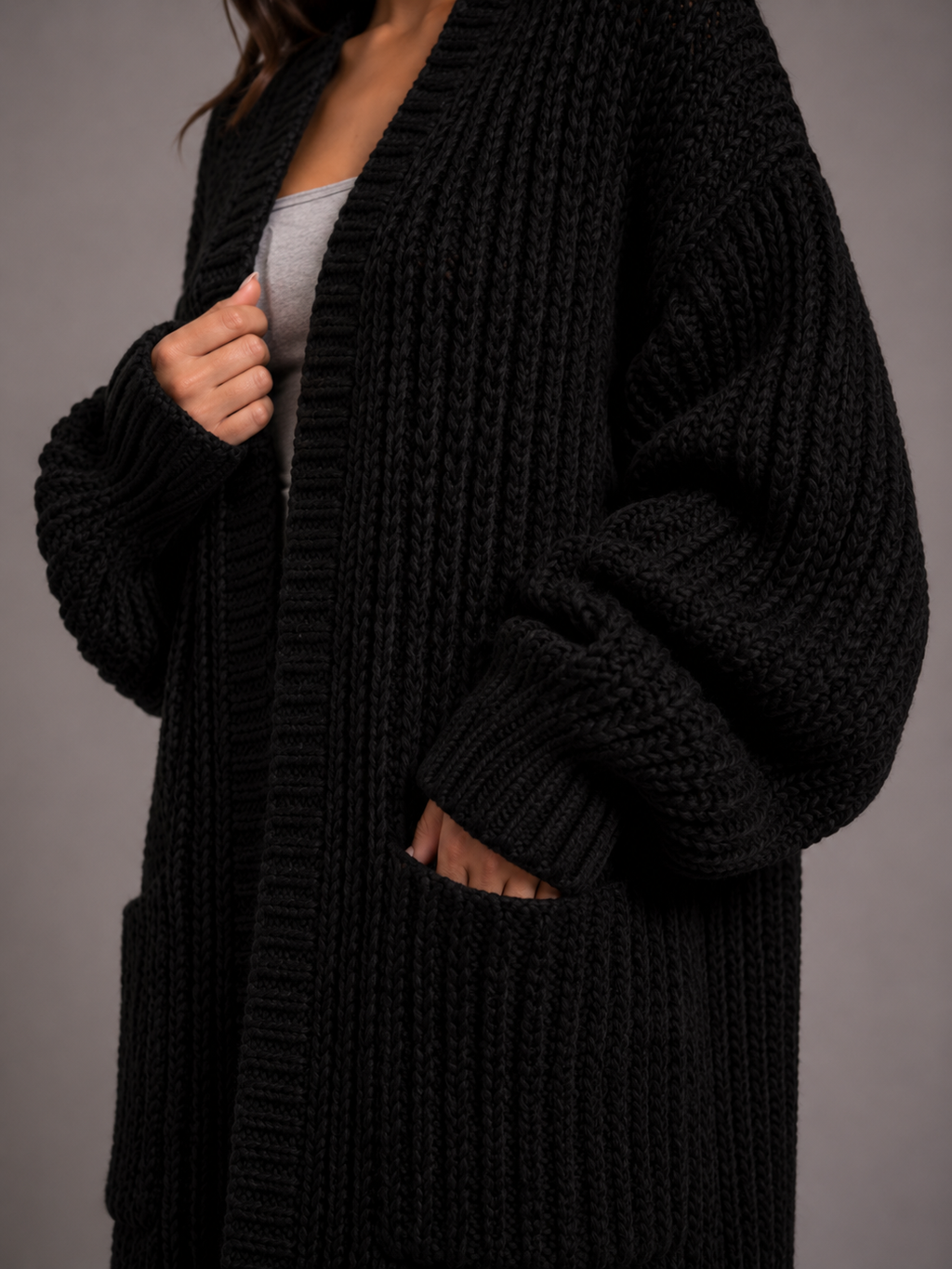 Women's Black Oversized Chunky Knit Longline Cardigan