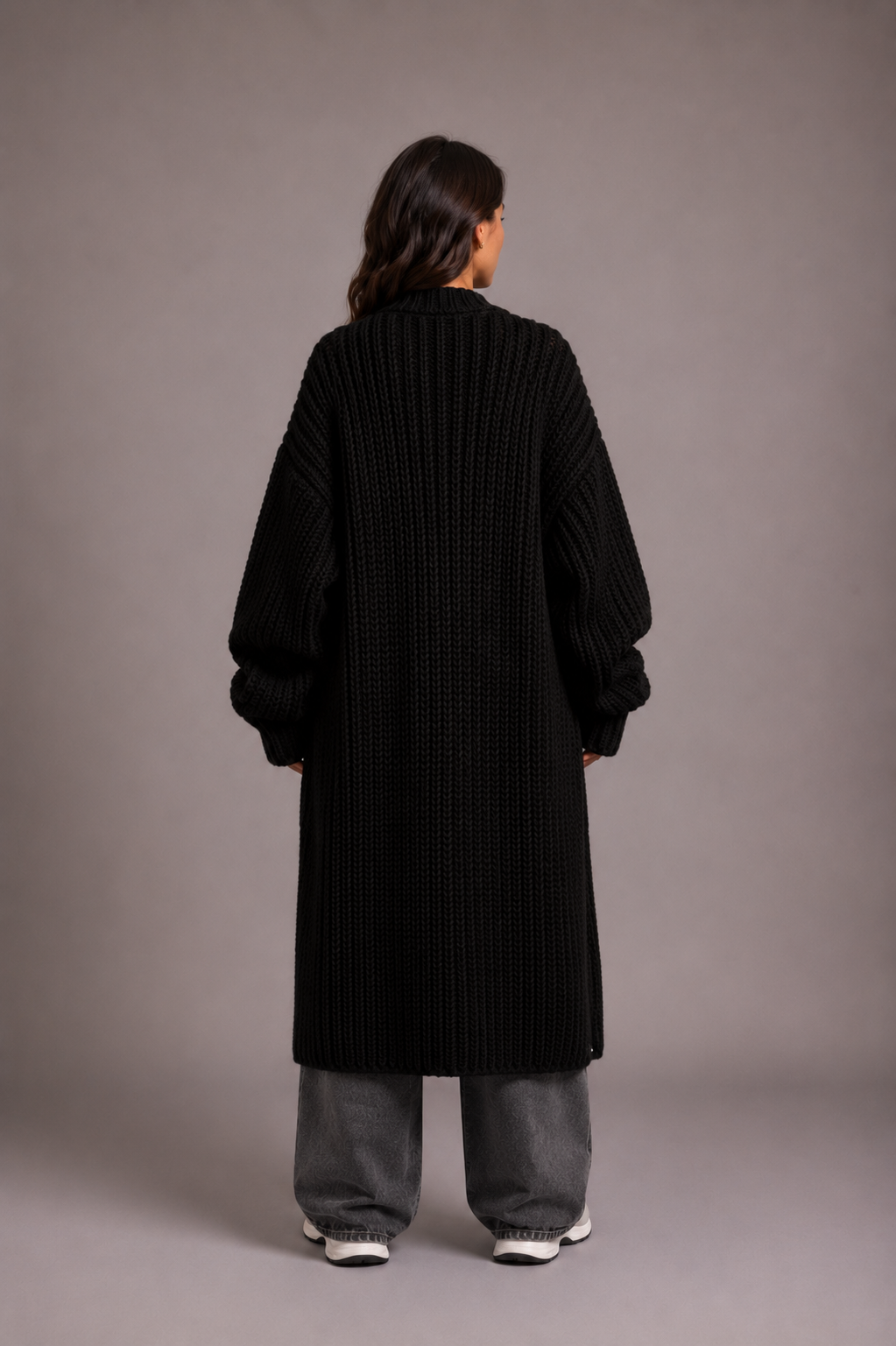 Women's Black Oversized Chunky Knit Longline Cardigan