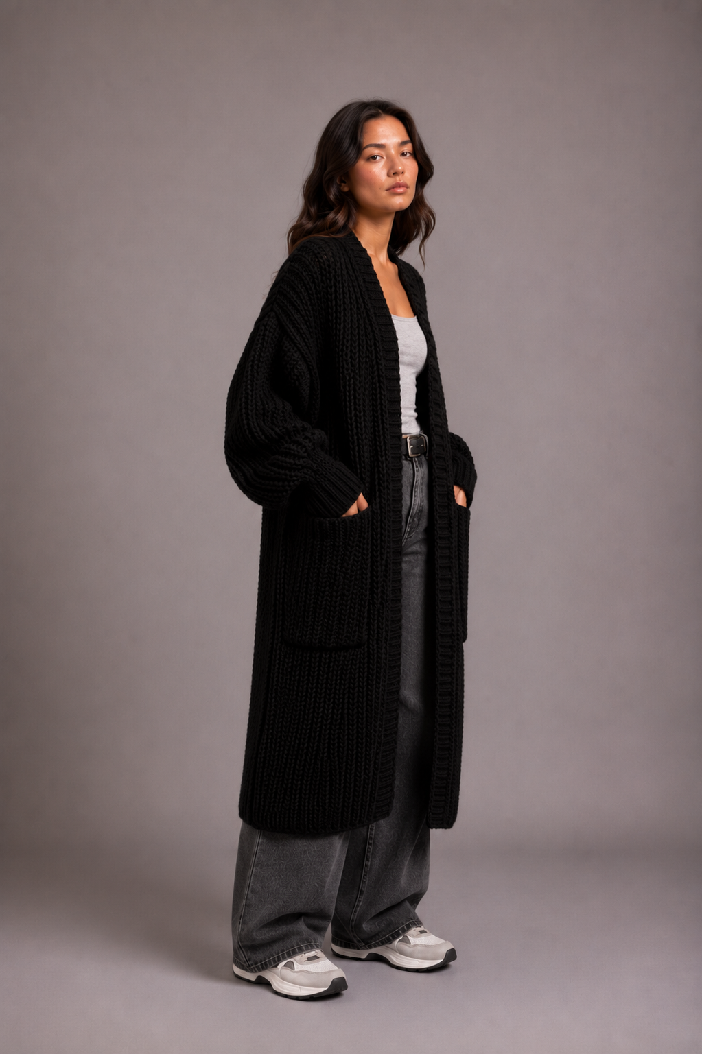 Women's Black Oversized Chunky Knit Longline Cardigan