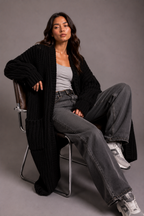 Women's Black Oversized Chunky Knit Longline Cardigan