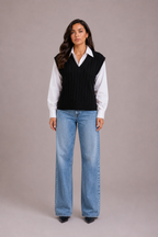 Women's Black V Neck Cable Knit Sweater Vest Top