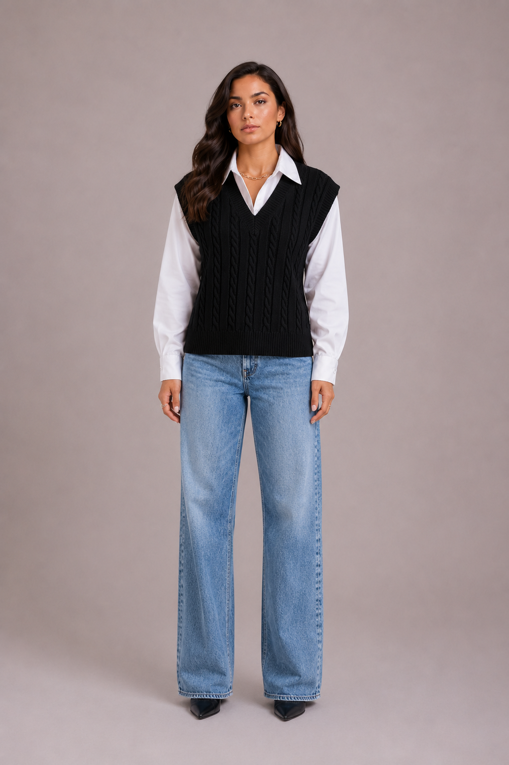 Women's Black V Neck Cable Knit Sweater Vest Top