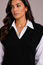 Women's Black V Neck Cable Knit Sweater Vest Top