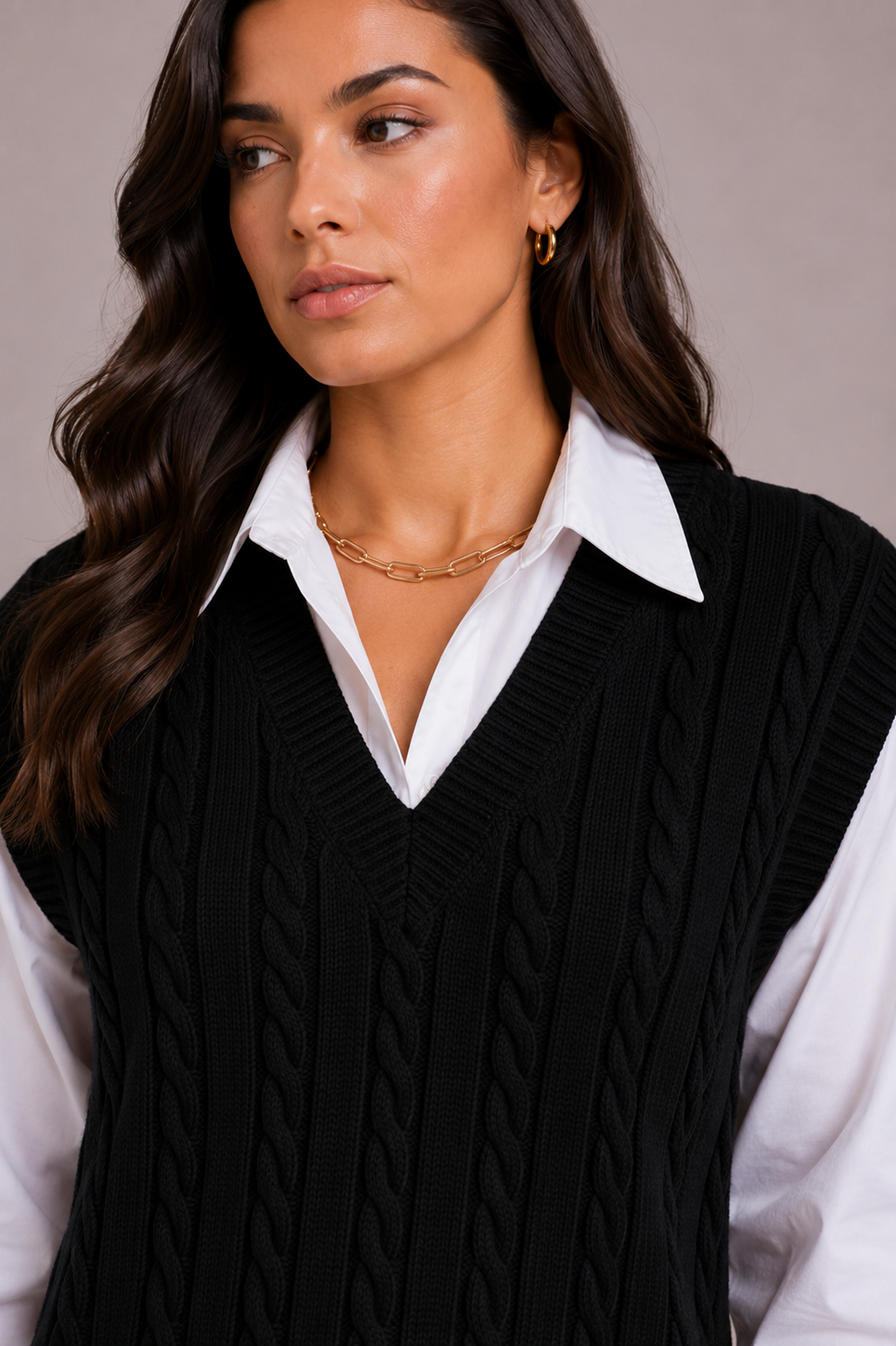 Women's Black V Neck Cable Knit Sweater Vest Top