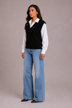 Women's Black V Neck Cable Knit Sweater Vest Top