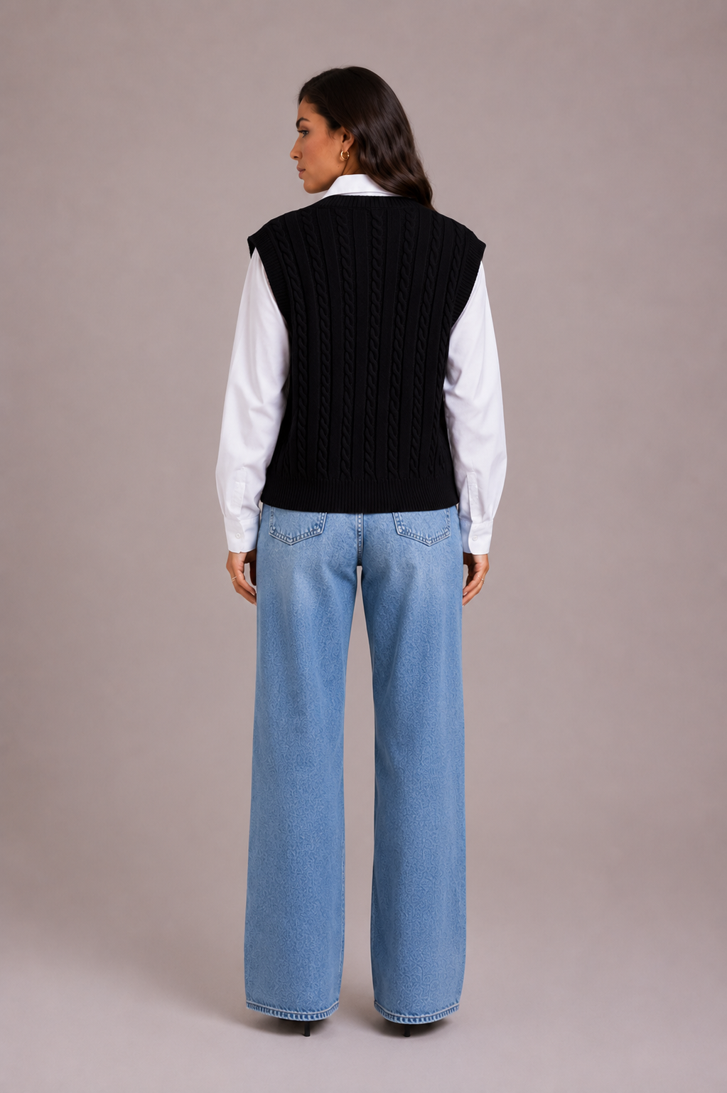 Women's Black V Neck Cable Knit Sweater Vest Top