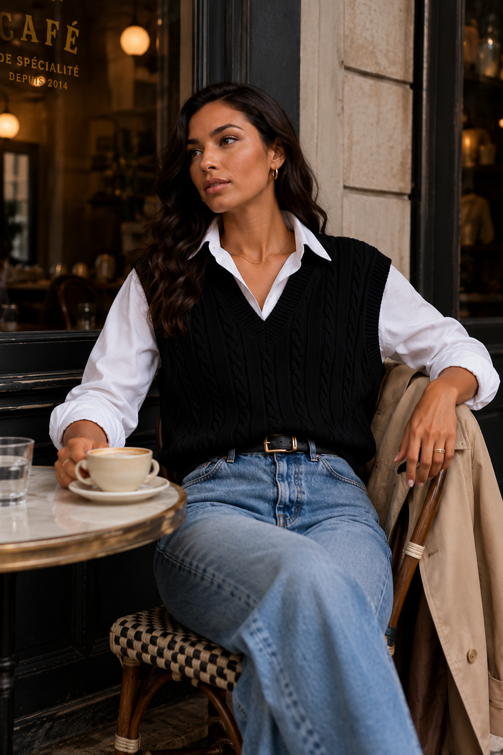 Women's Black V Neck Cable Knit Sweater Vest Top