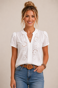 Women's Puff Sleeve V Neck Blouse with Relaxed Fit