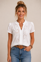 Women's Puff Sleeve V Neck Blouse with Relaxed Fit
