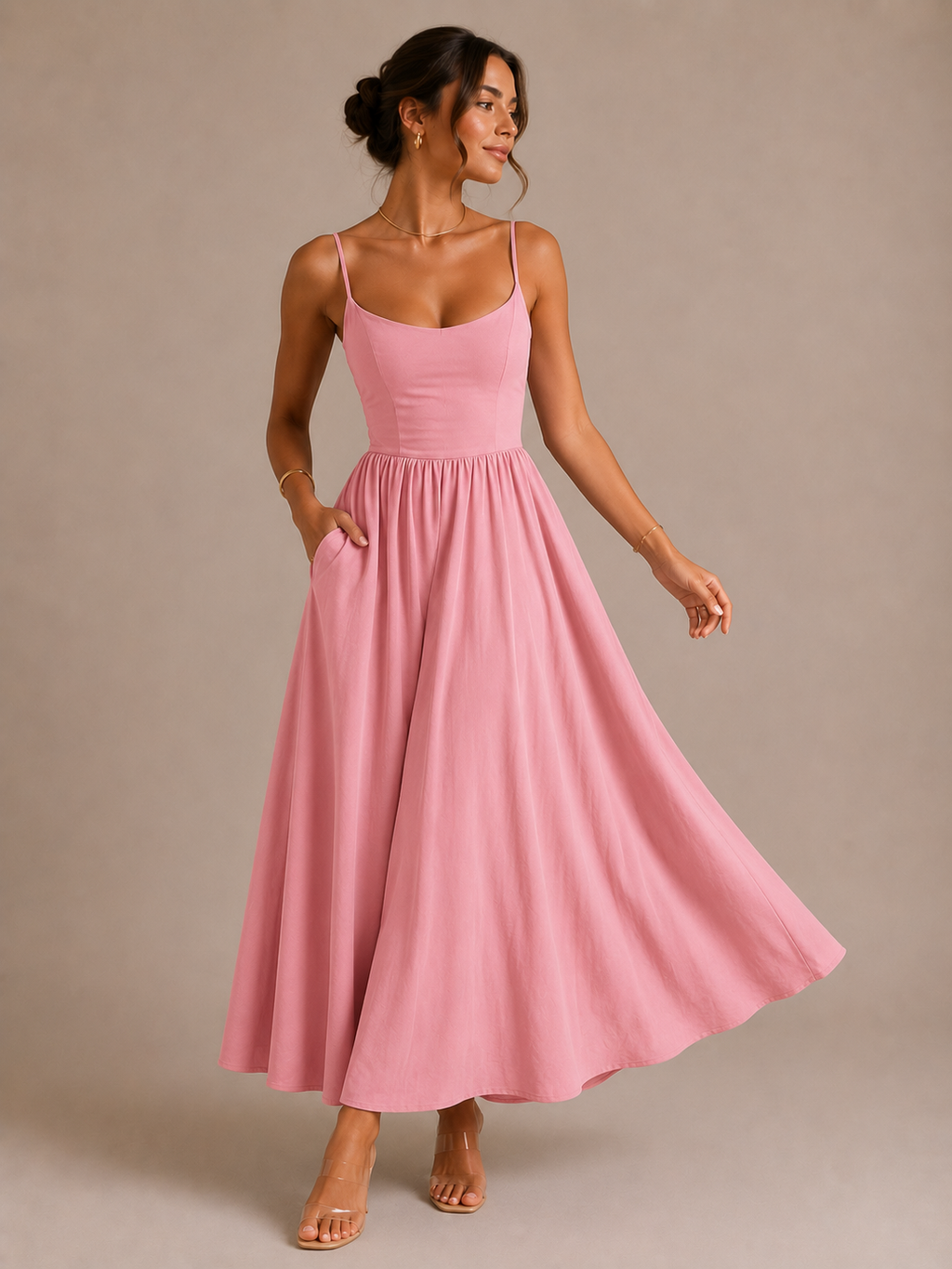 Women's Casual Pleated Midi Dress with Relaxed Fit