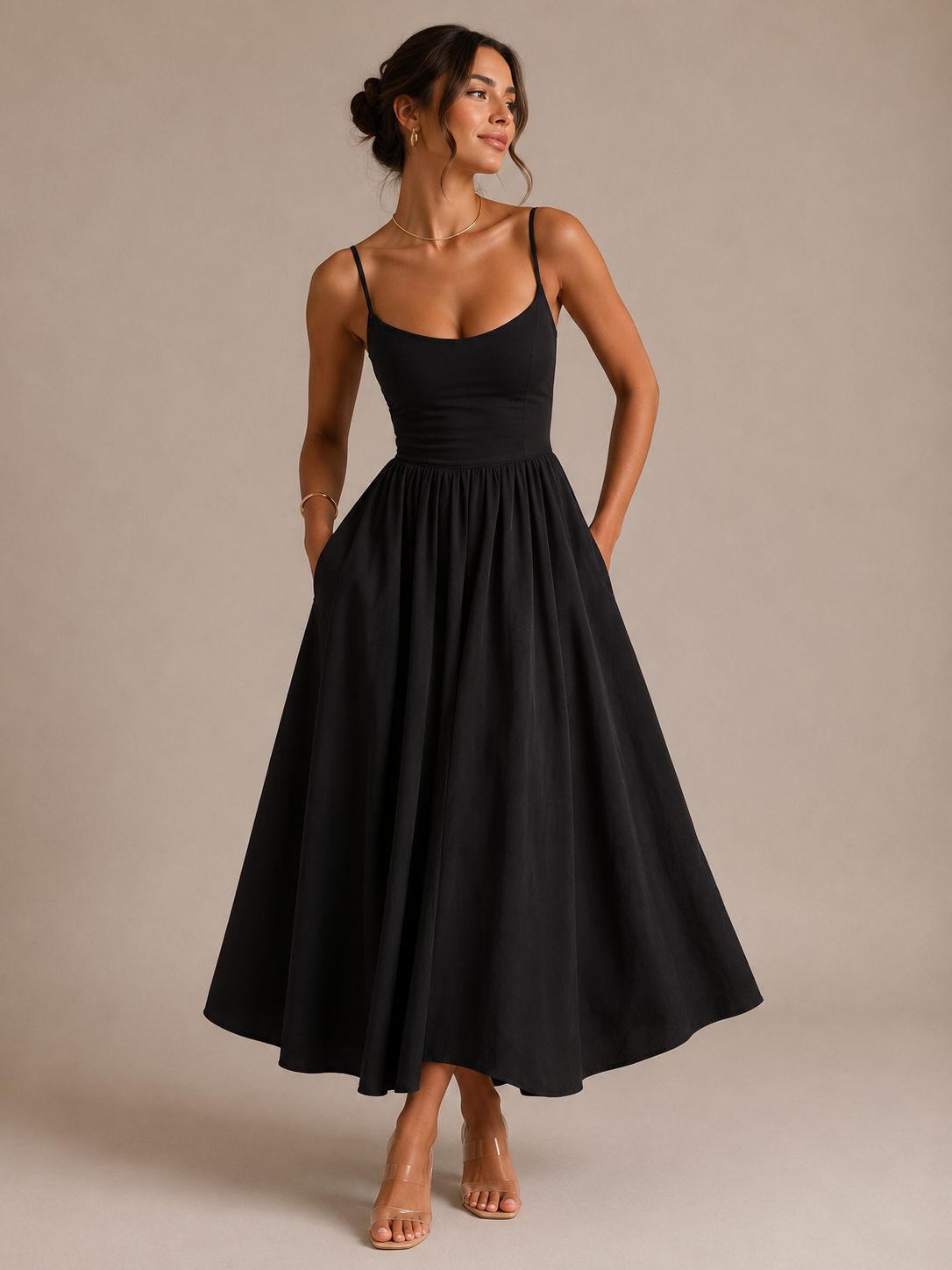 Women's Casual Pleated Midi Dress with Relaxed Fit