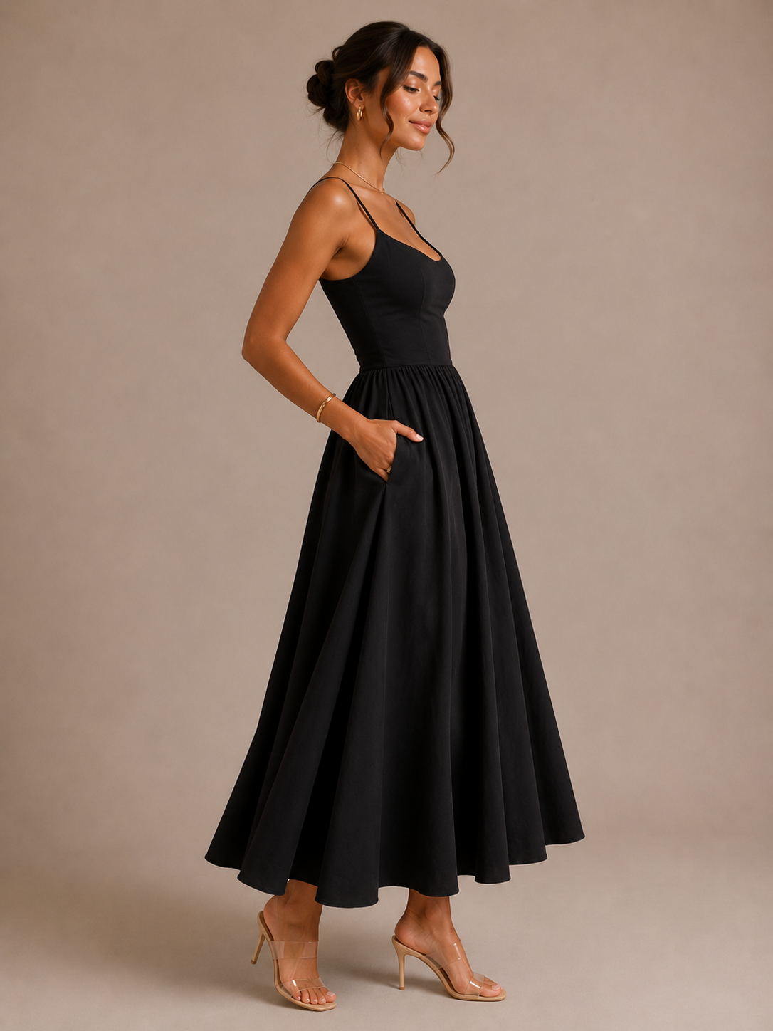 Women's Casual Pleated Midi Dress with Relaxed Fit