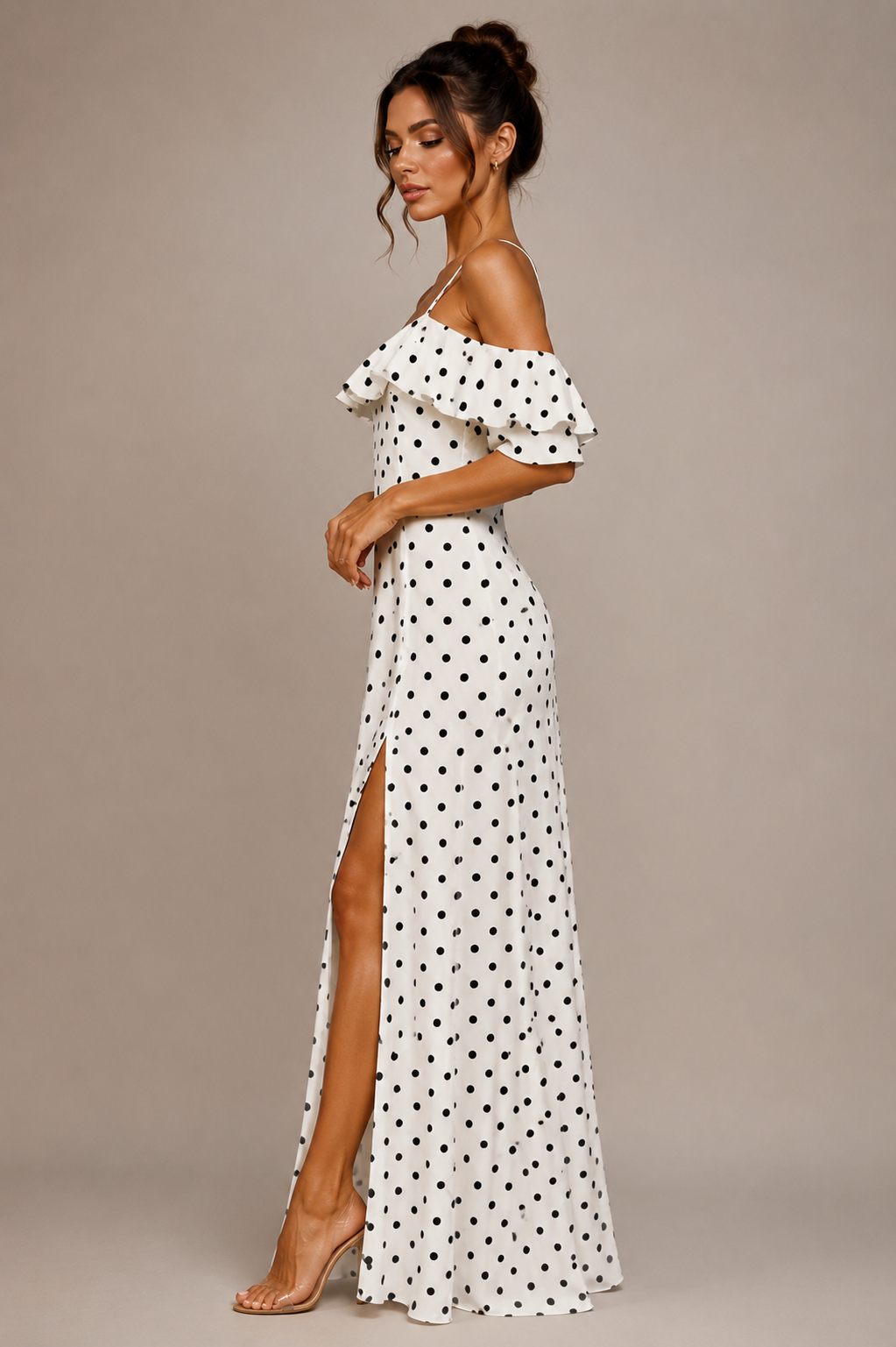 Women's Off Shoulder Polka Dot Dress with Side Split