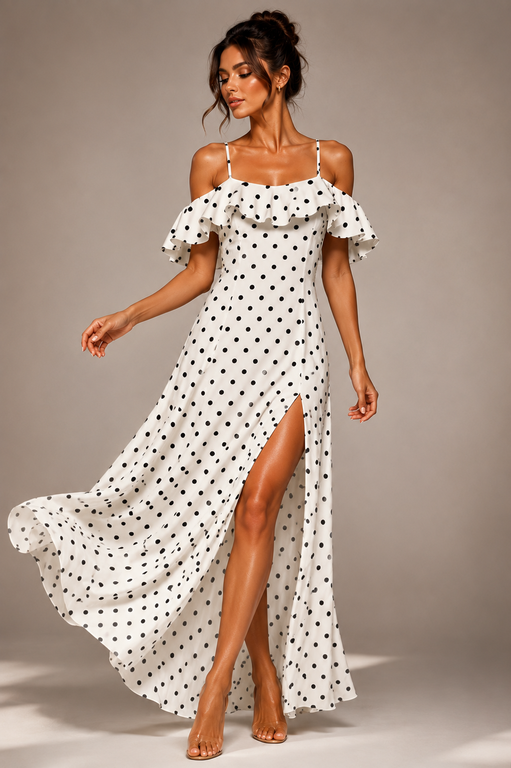 Women's Off Shoulder Polka Dot Dress with Side Split
