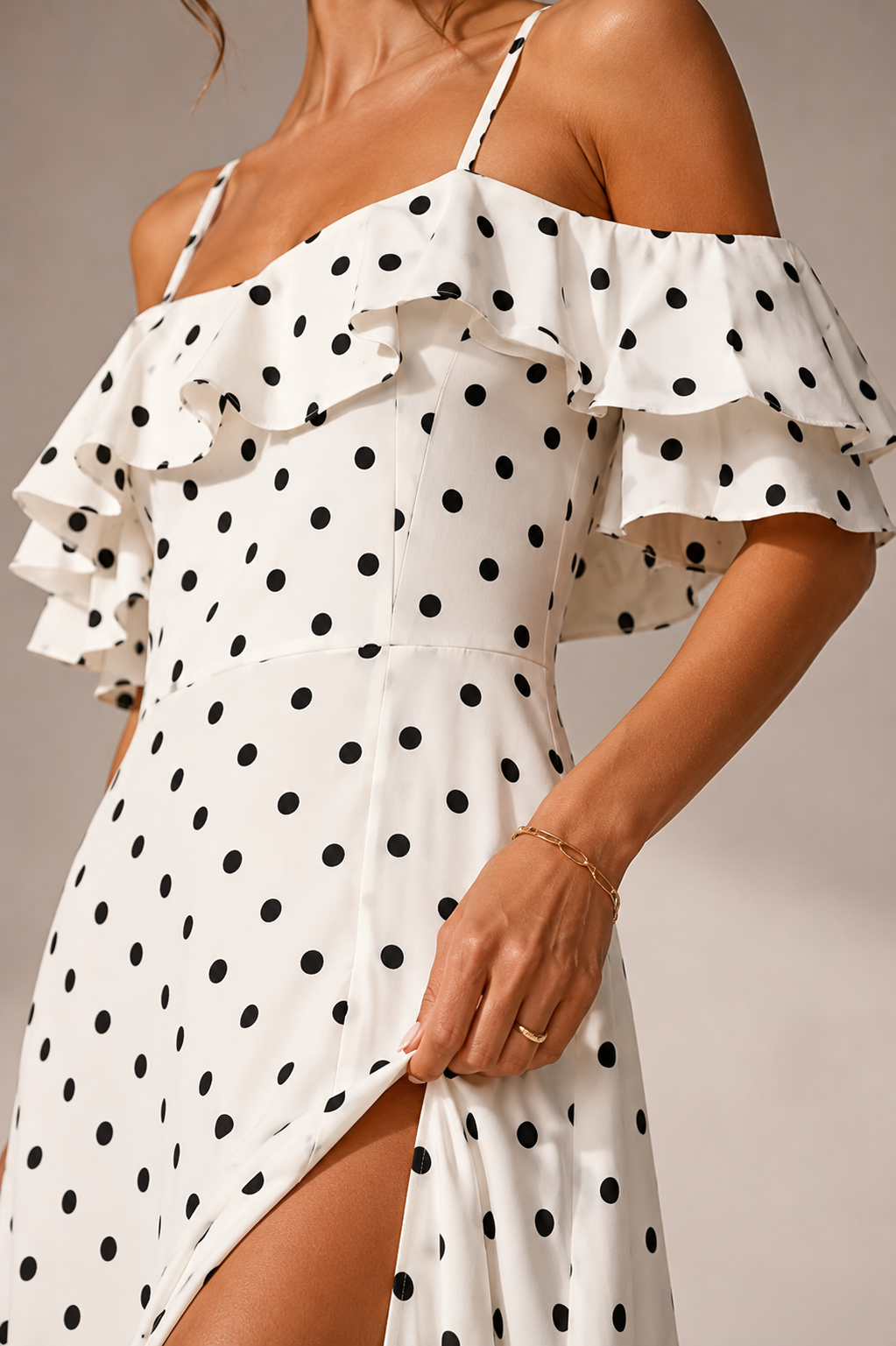 Women's Off Shoulder Polka Dot Dress with Side Split