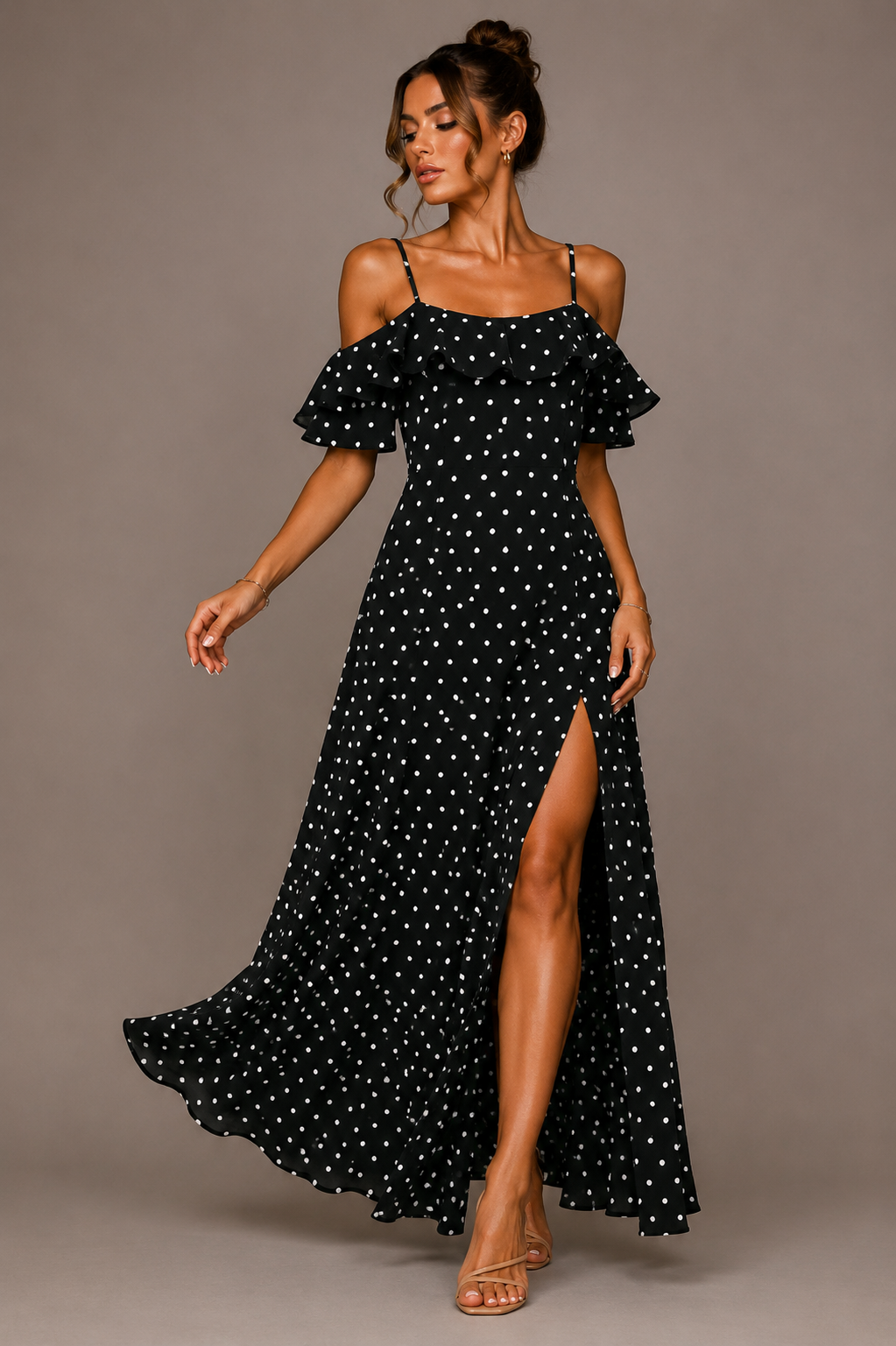 Women's Off Shoulder Polka Dot Dress with Side Split