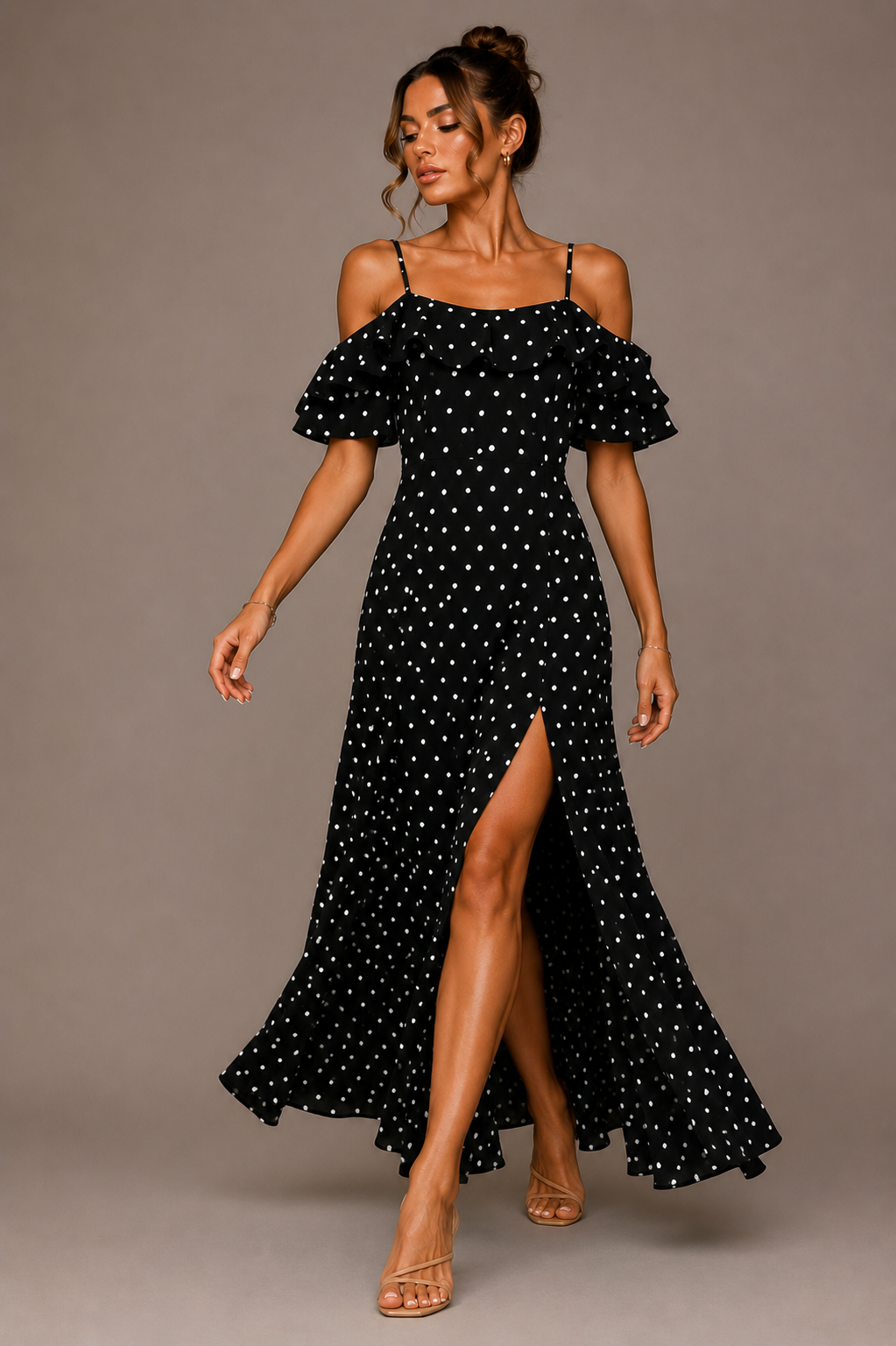 Women's Off Shoulder Polka Dot Dress with Side Split
