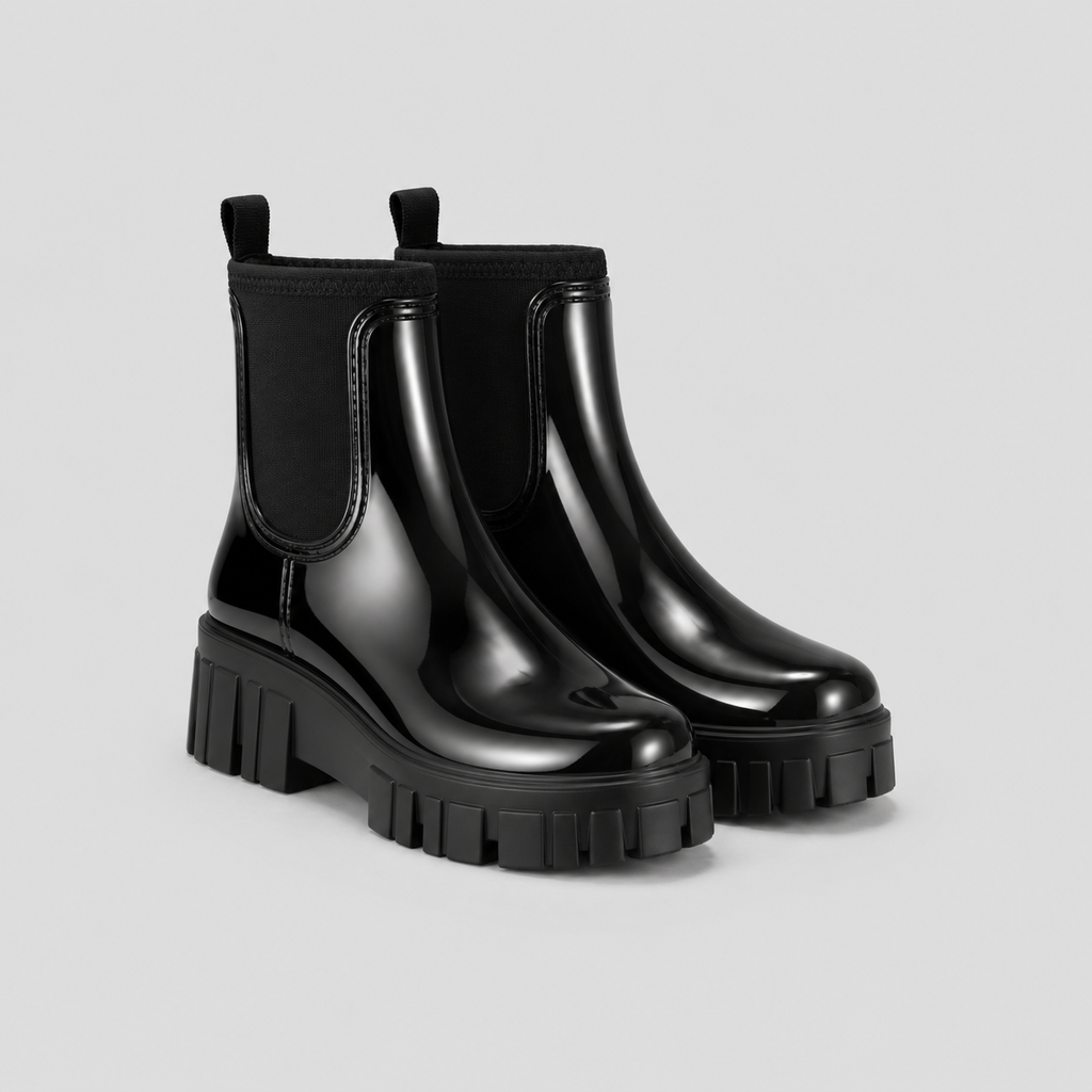Women's Black Gloss Ankle Chelsea Wellington Boots