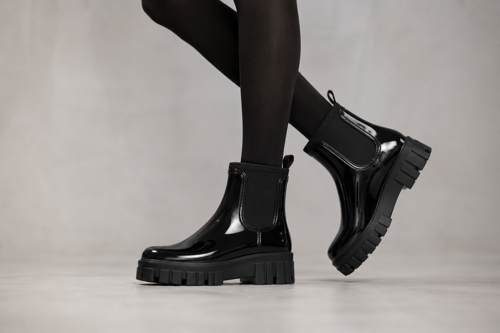Women's Black Gloss Ankle Chelsea Wellington Boots