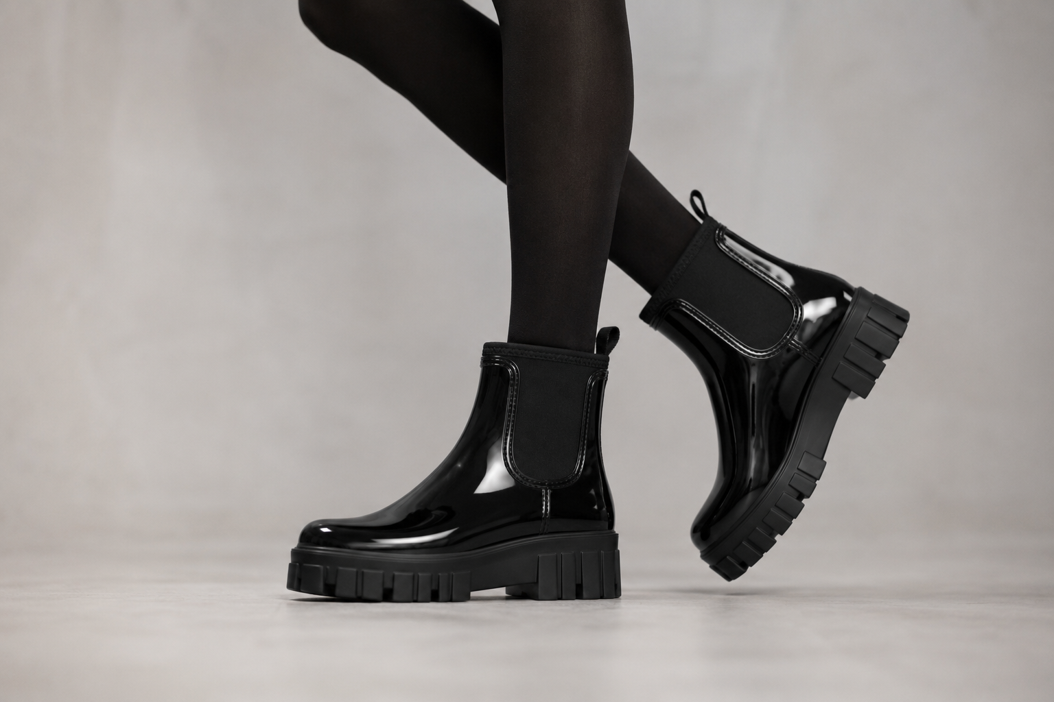 Women's Black Gloss Ankle Chelsea Wellington Boots