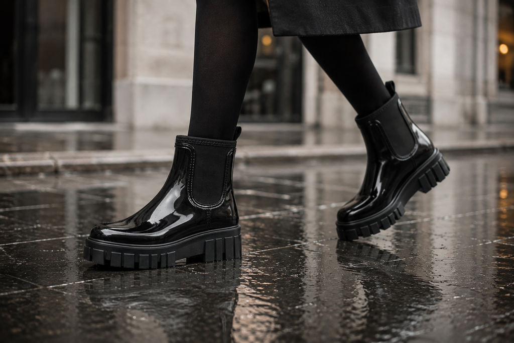 Women's Black Gloss Ankle Chelsea Wellington Boots