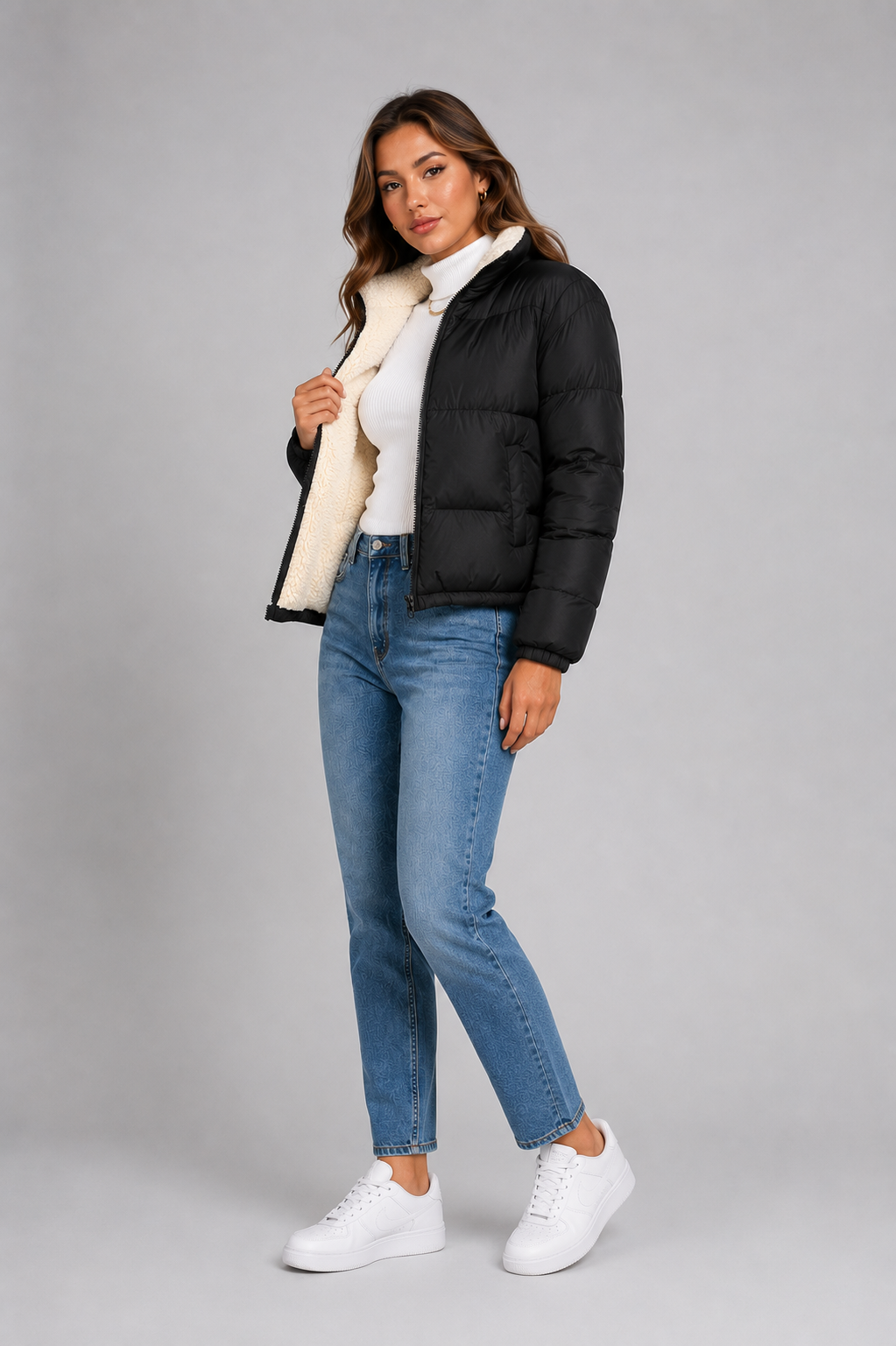 Women's Cropped Puffer Jacket – Quilted Padded Jacket with Fleece Lining