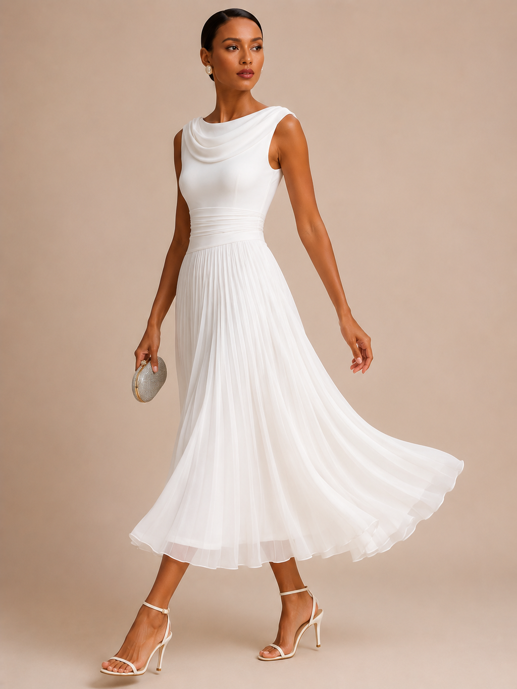 Women's Draped Neck Sleeveless Midi Dress