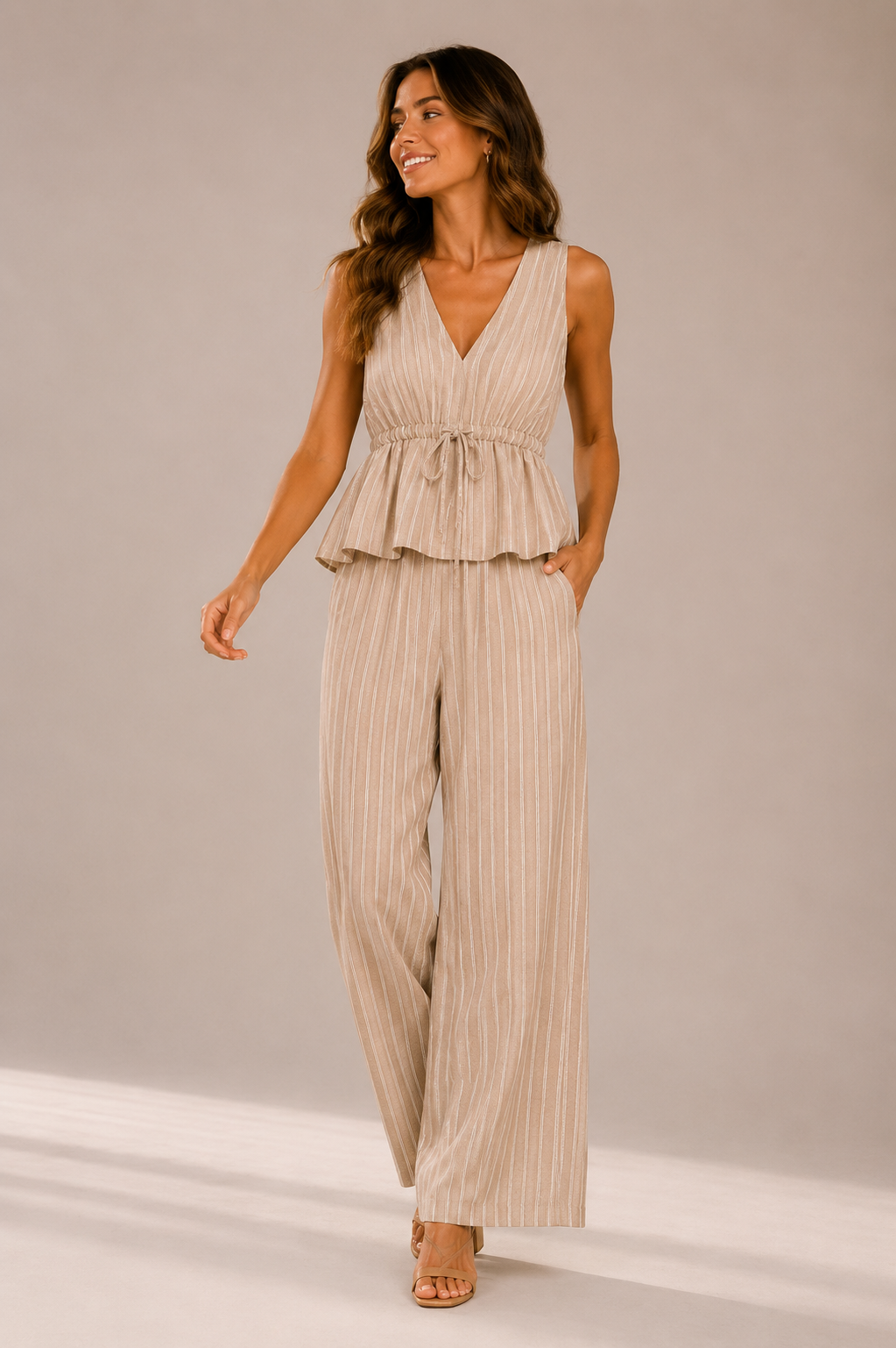 Women's Sleeveless Co Ord Set Wide Leg Striped Summer Outfit