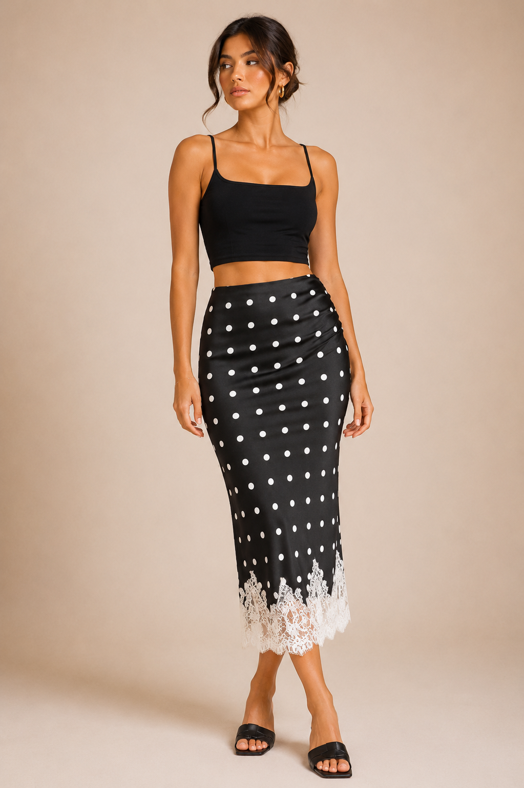 Women's Polka Dot Satin Maxi Skirt with Lace Trim