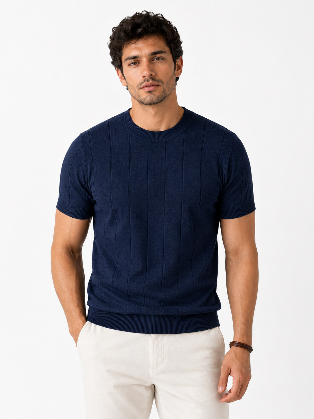 Men's Striped Short Sleeve Knit Shirt Casual Slim Fit Top