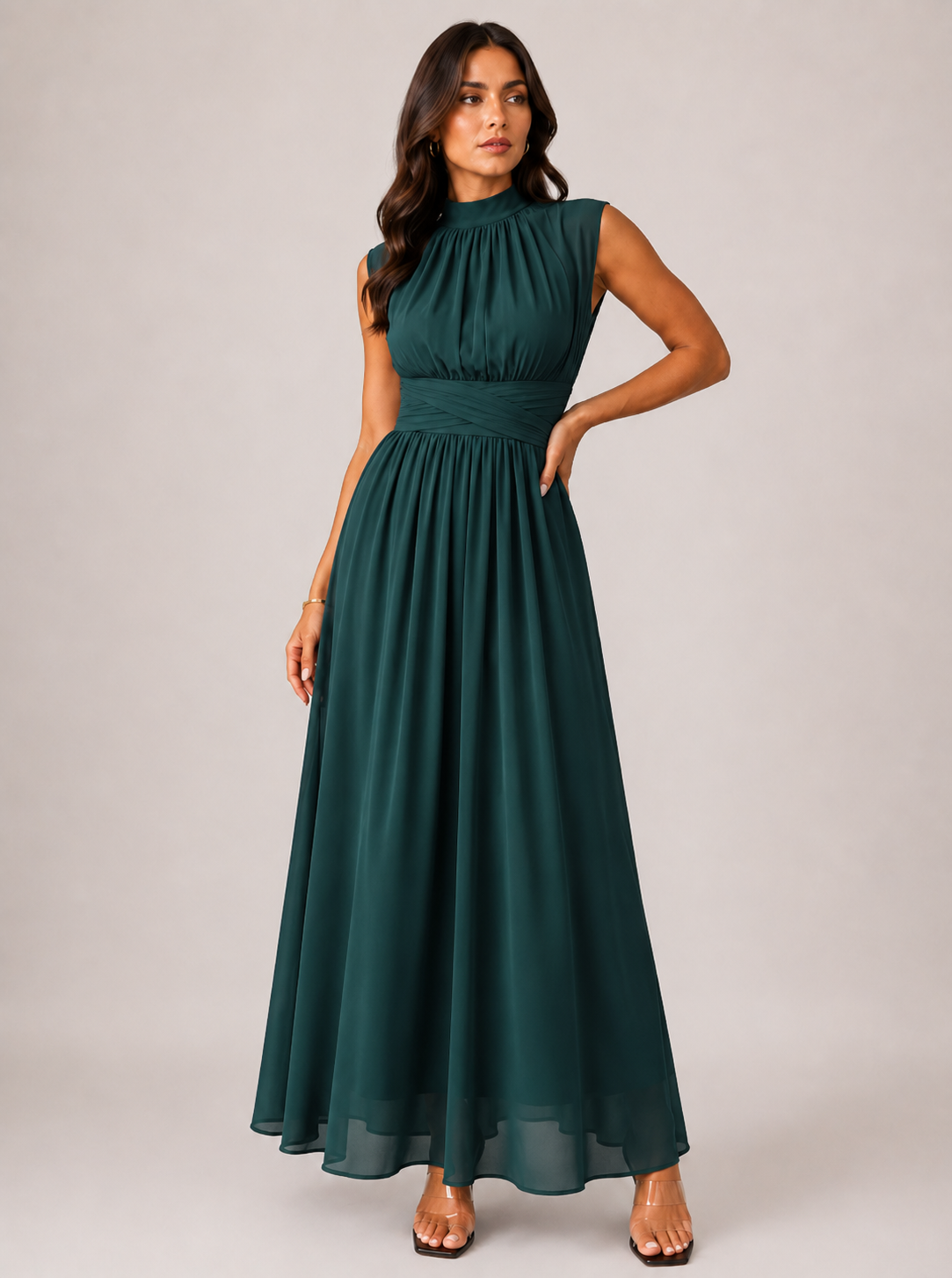 Women's High Neck Wedding Guest Maxi Dress