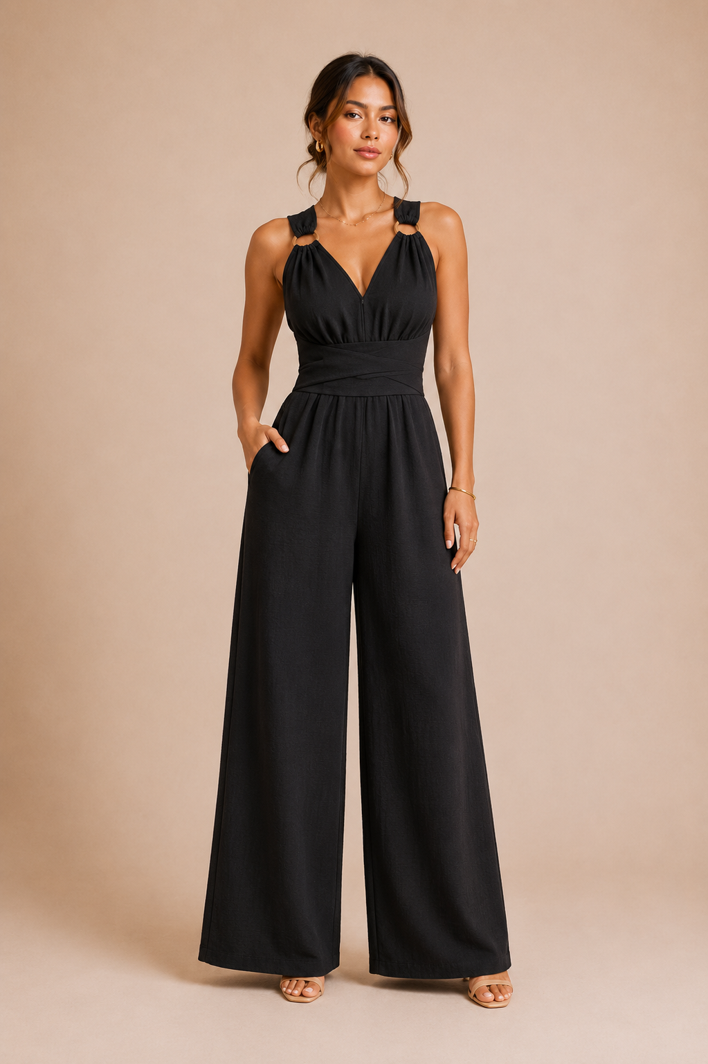 Women's Wide Leg Jumpsuit V Neck Crisscross Waist Tie Backless Split