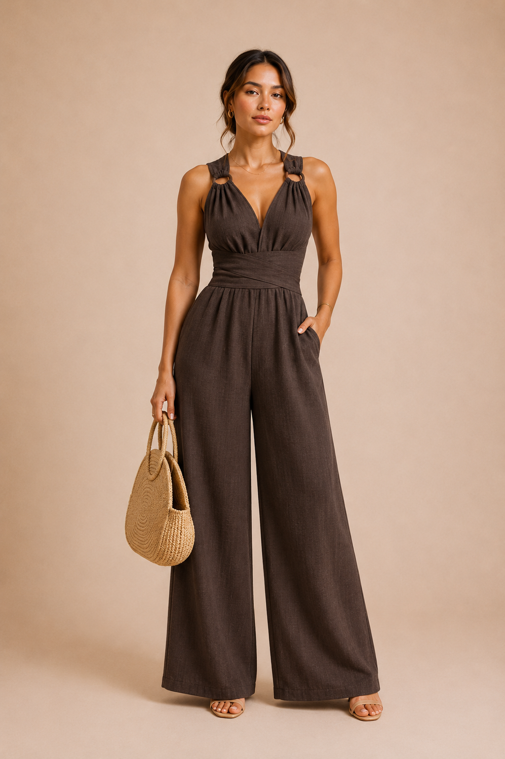 Women's Wide Leg Jumpsuit V Neck Crisscross Waist Tie Backless Split